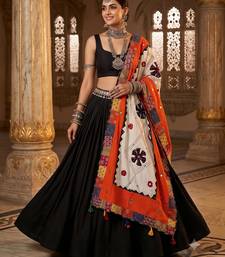 Orange embroidered cotton poly mirror work dupatta