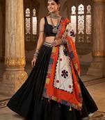 Orange embroidered cotton poly mirror work dupatta