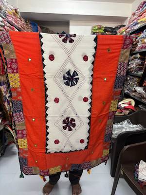 Orange embroidered cotton poly mirror work dupatta 2