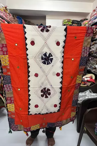Orange embroidered cotton poly mirror work dupatta