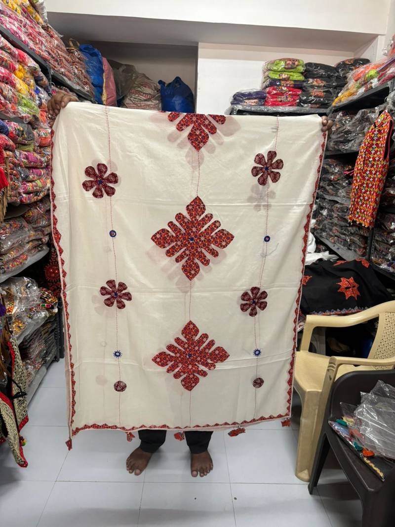 Off-white printed cotton poly patch work dupatta