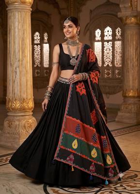 Black printed cotton poly patch work dupatta 1