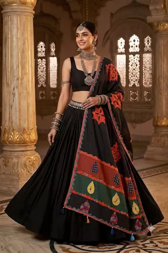 Black printed cotton poly patch work dupatta
