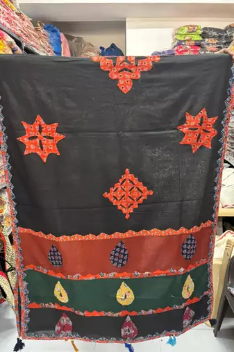 Black printed cotton poly patch work dupatta