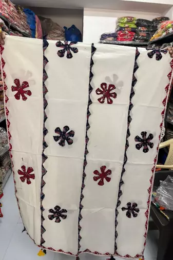 White printed cotton poly patch work dupatta