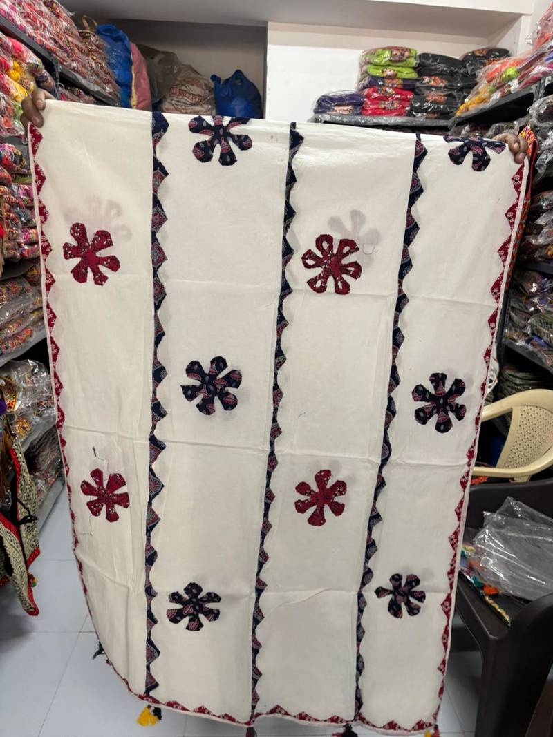 White printed cotton poly patch work dupatta