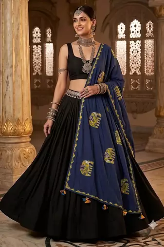 Blue printed cotton poly block print dupatta