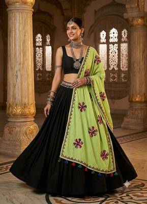 Green printed patch work cotton poly navratri special dupatta 1