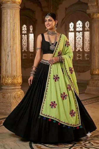 Green printed patch work cotton poly navratri special dupatta