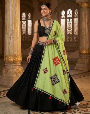 Green printed patch work cotton poly navratri special dupatta 1