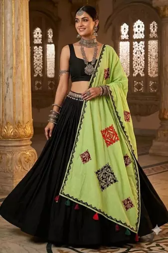 Green printed patch work cotton poly navratri special dupatta