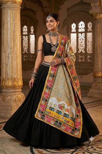 Multicolor printed mirror work silk blend navratri special dupatta