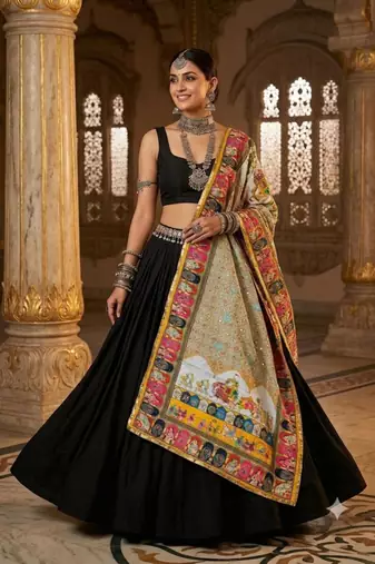 Multicolor printed mirror work silk blend navratri special dupatta