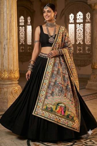 Cream printed mirror work silk blend navratri special dupatta