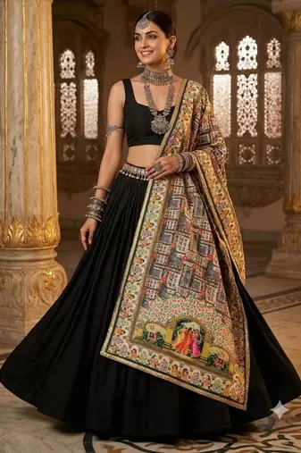 Cream printed mirror work silk blend navratri special dupatta