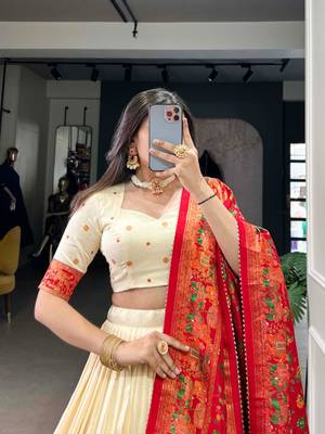 Women's Cream Kalamkari Print Tussar Silk Semi-Stitched Lehenga Choli with Foil Work & Gotta Patti Dupatta 3