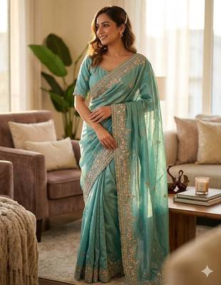 Sky Blue Color Beautiful Sequence and multi color thread embroidery work Silk Blend Saree 1