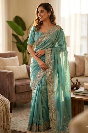 Sky Blue Beautiful Sequence and multi thread embroidery work Silk Blend Saree