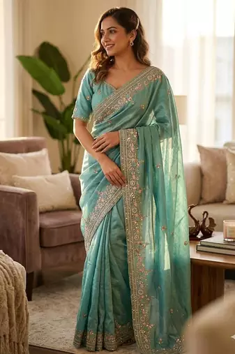 Sky Blue Color Beautiful Sequence and multi color thread embroidery work Silk Blend Saree