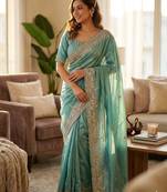 Sky Blue Color Beautiful Sequence and multi color thread embroidery work Silk Blend Saree