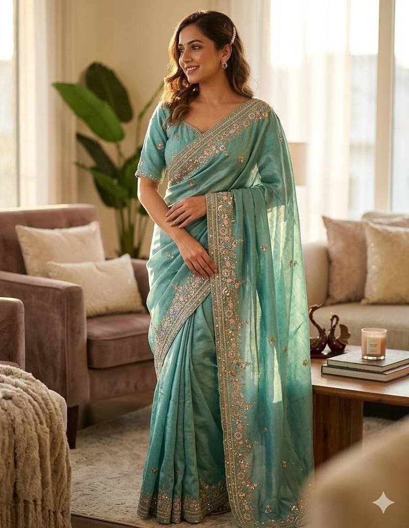 Sky Blue Color Beautiful Sequence and multi color thread embroidery work Silk Blend Saree
