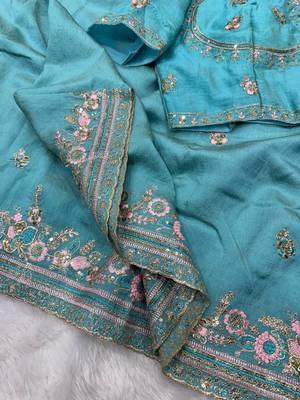 Sky Blue Color Beautiful Sequence and multi color thread embroidery work Silk Blend Saree 2
