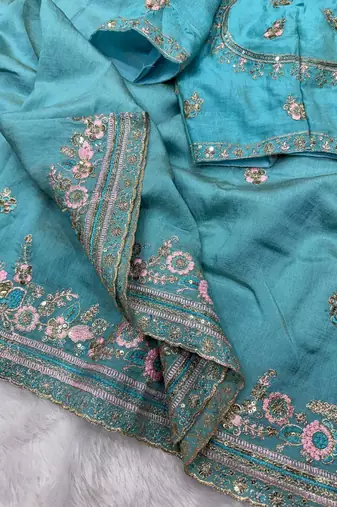 Sky Blue Color Beautiful Sequence and multi color thread embroidery work Silk Blend Saree