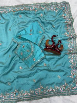 Sky Blue Color Beautiful Sequence and multi color thread embroidery work Silk Blend Saree 3