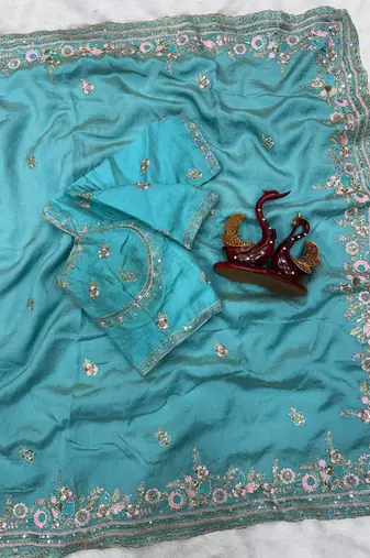 Sky Blue Color Beautiful Sequence and multi color thread embroidery work Silk Blend Saree