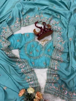 Sky Blue Color Beautiful Sequence and multi color thread embroidery work Silk Blend Saree 4