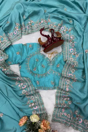 Sky Blue Color Beautiful Sequence and multi color thread embroidery work Silk Blend Saree