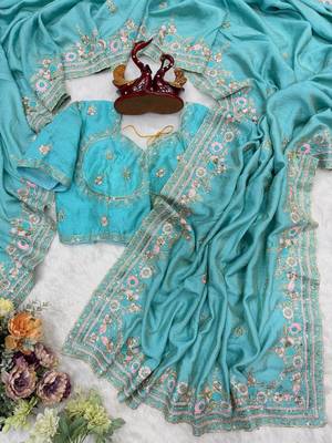 Sky Blue Color Beautiful Sequence and multi color thread embroidery work Silk Blend Saree 5