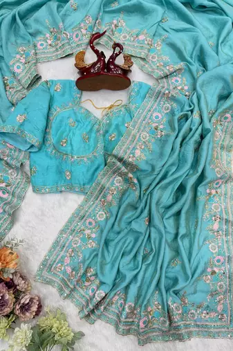 Sky Blue Color Beautiful Sequence and multi color thread embroidery work Silk Blend Saree