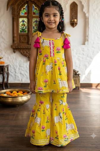 Girls Sleeveless Cotton Kurta & Churidar Salwar Set