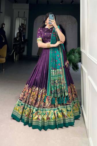 Green Kalamkari Print Tussar Silk blend  Lehenga Choli with Foil Work & Gotta Patti Dupatta
