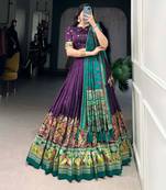 Green Kalamkari Print Tussar Silk blend  Lehenga Choli with Foil Work & Gotta Patti Dupatta