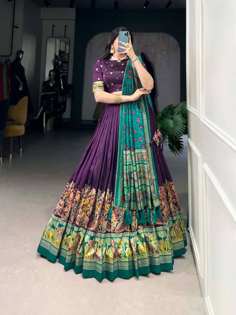 Green Kalamkari Print Tussar Silk blend  Lehenga Choli with Foil Work & Gotta Patti Dupatta