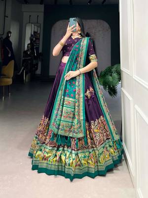 Green Kalamkari Print Tussar Silk blend  Lehenga Choli with Foil Work & Gotta Patti Dupatta 2