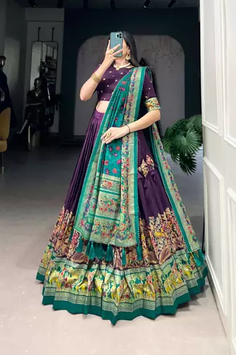 Green Kalamkari Print Tussar Silk blend  Lehenga Choli with Foil Work & Gotta Patti Dupatta