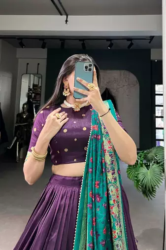 Green Kalamkari Print Tussar Silk blend  Lehenga Choli with Foil Work & Gotta Patti Dupatta