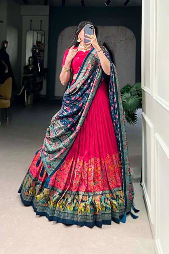 Red Kalamkari Print Tussar Silk blend  Lehenga Choli with Foil Work & Gotta Patti Dupatta