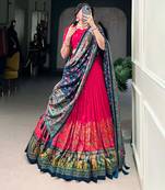 Red Kalamkari Print Tussar Silk blend  Lehenga Choli with Foil Work & Gotta Patti Dupatta