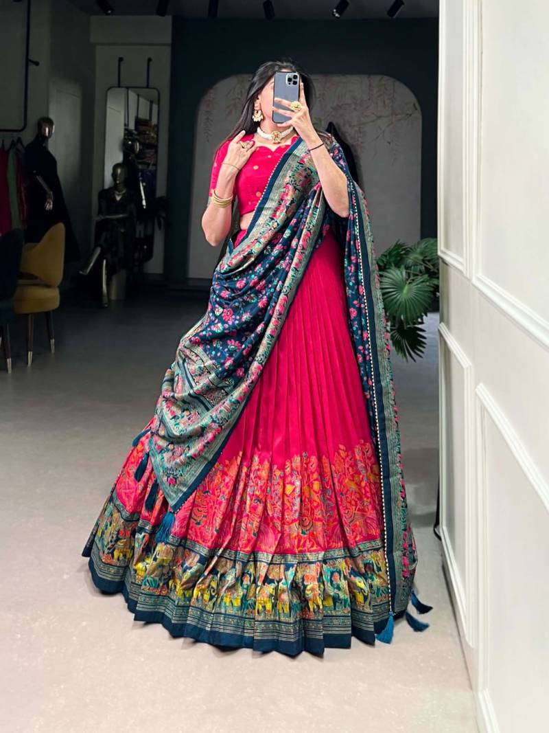 Red Kalamkari Print Tussar Silk blend  Lehenga Choli with Foil Work & Gotta Patti Dupatta