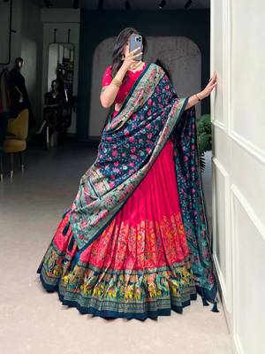 Red Kalamkari Print Tussar Silk blend  Lehenga Choli with Foil Work & Gotta Patti Dupatta 2