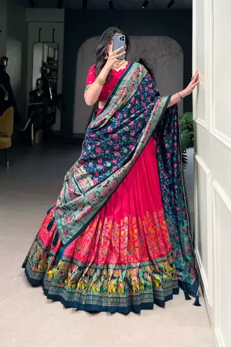Red Kalamkari Print Tussar Silk blend  Lehenga Choli with Foil Work & Gotta Patti Dupatta