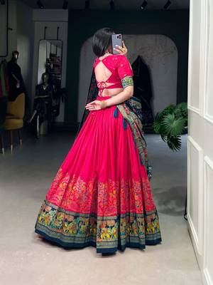 Red Kalamkari Print Tussar Silk blend  Lehenga Choli with Foil Work & Gotta Patti Dupatta 3