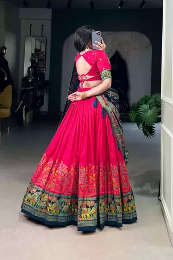 Red Kalamkari Print Tussar Silk blend  Lehenga Choli with Foil Work & Gotta Patti Dupatta