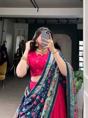 Red Kalamkari Print Tussar Silk blend  Lehenga Choli with Foil Work & Gotta Patti Dupatta 4