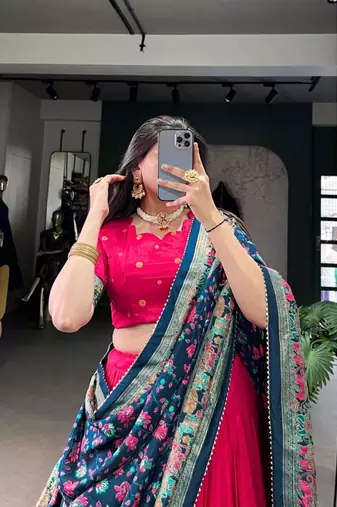 Red Kalamkari Print Tussar Silk blend  Lehenga Choli with Foil Work & Gotta Patti Dupatta