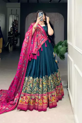Green Kalamkari Print Tussar Silk blend  Lehenga Choli with Foil Work & Gotta Patti Dupatta